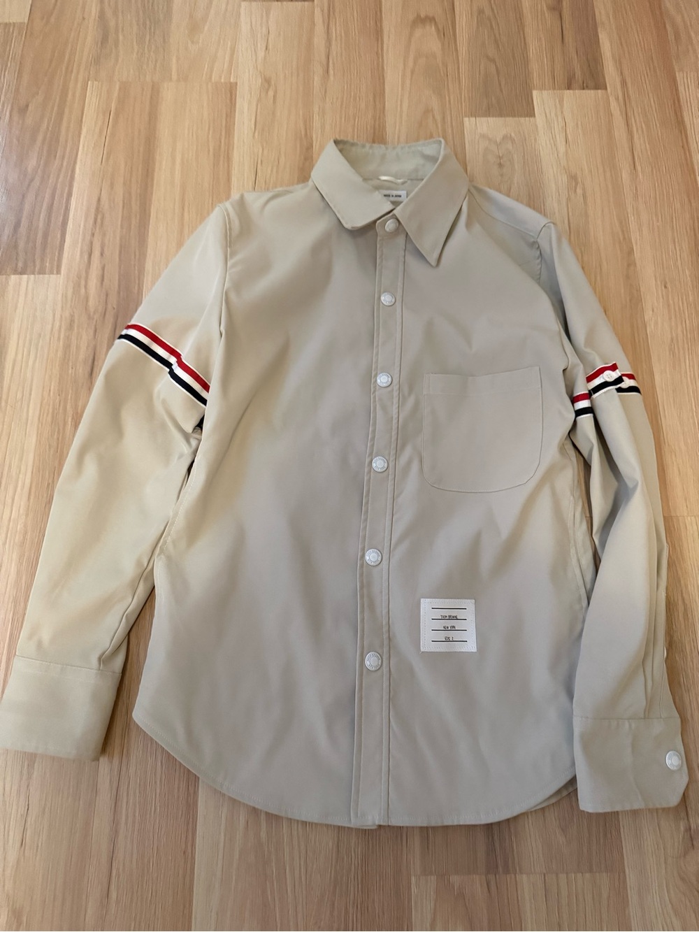 Thom Browne Beige Button-Down Shirt with Signature Tricolor Sleeve Stripes